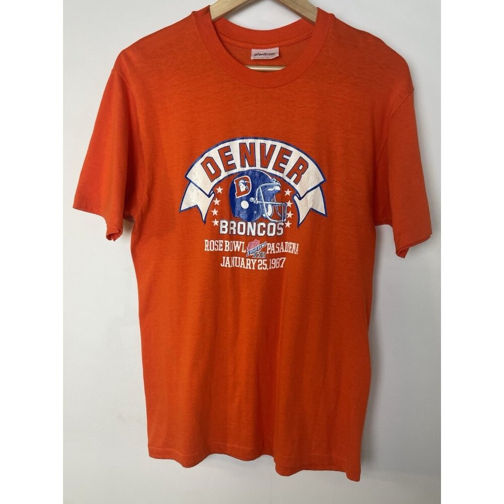 Vtg Denver Broncos T-Shirt Super Bowl XXI Rose Bowl Pasadena Sz L Single Stitch